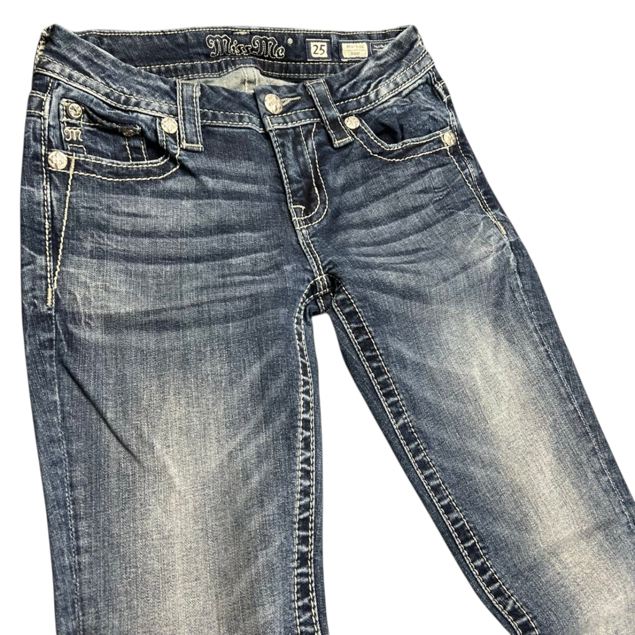 TWC Vintage Miss Me Damen Bootcut Jeans in Blau mit Ziernähten und Strasssteinen im Used-Look