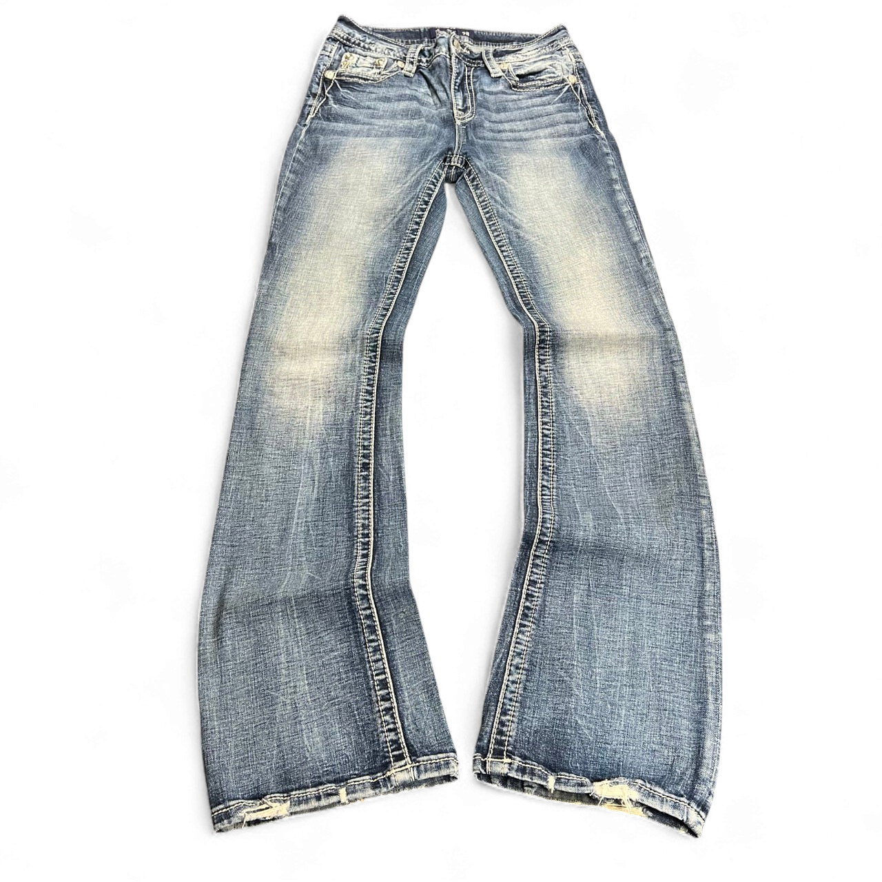 TWC Vintage Damen Miss Me Bootcut Jeans in verwaschenem Blau mit Ziernähten und leichtem Used-Look