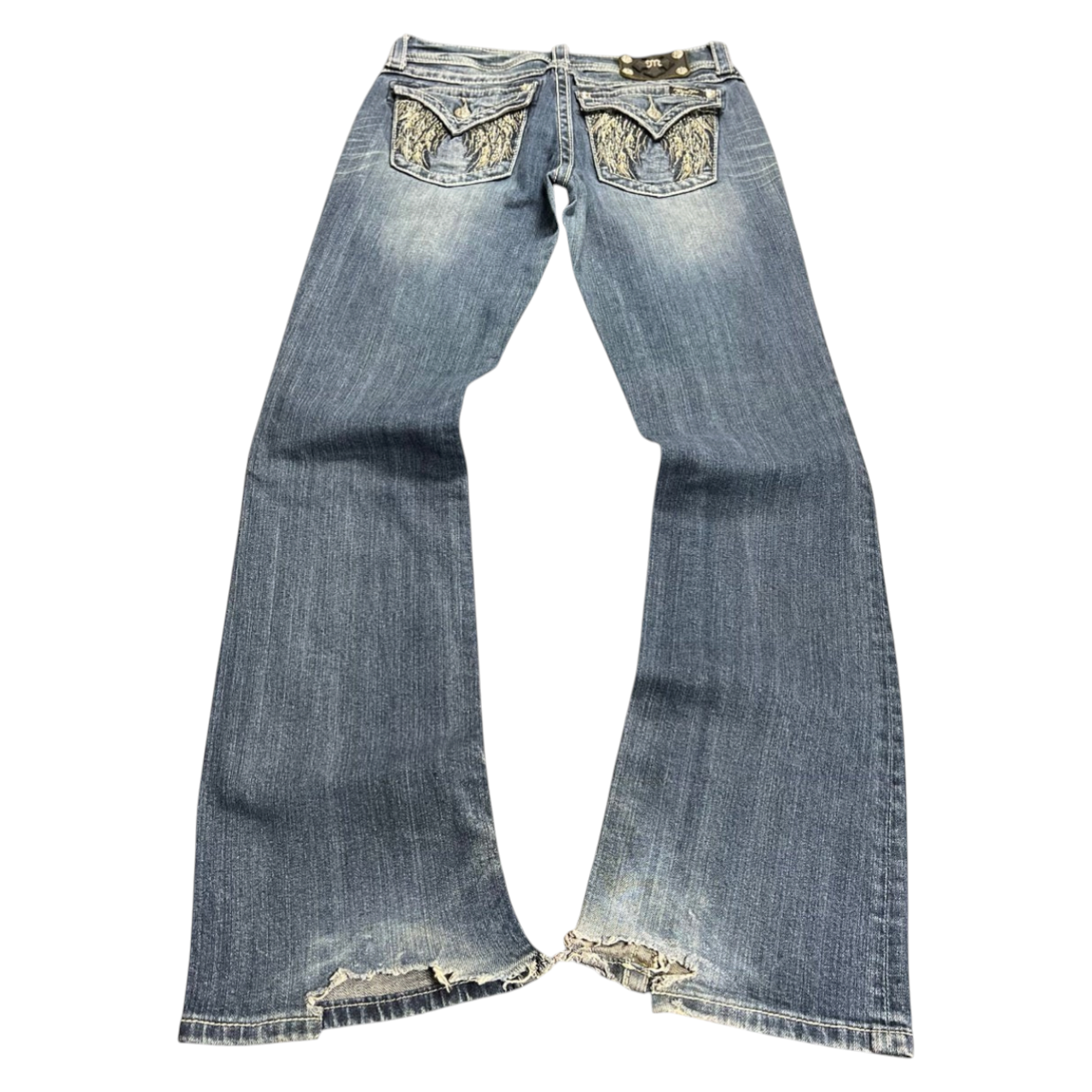 TWC Vintage Damen Miss Me Bootcut Jeans in Blau mit verzierten Gesäßtaschen und ausgefransten Säumen