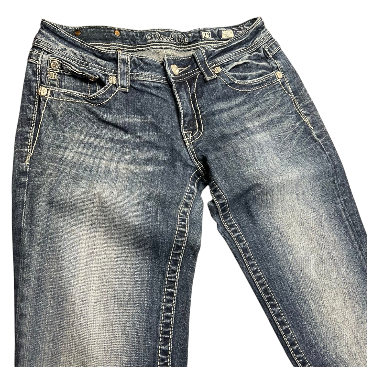 TWC Vintage Damen Miss Me Bootcut Jeans in Blau mit Ziernähten und Used-Waschung