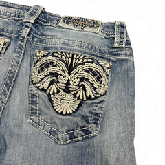 TWC Vintage Damen Miss Me Bootcut Jeans mit aufwendiger Stickerei und Strasssteinen auf der Gesäßtasche