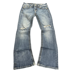 TWC Vintage Damen Miss Me Bootcut Jeans in Blau mit Used-Look, Rissen und markanten Ziernähten