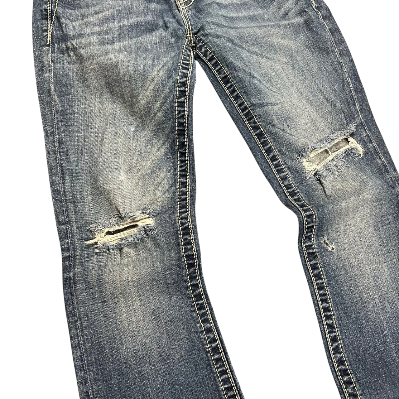 TWC Vintage Damen Miss Me Bootcut Jeans in Blau mit Used-Optik und Rissen an den Knien