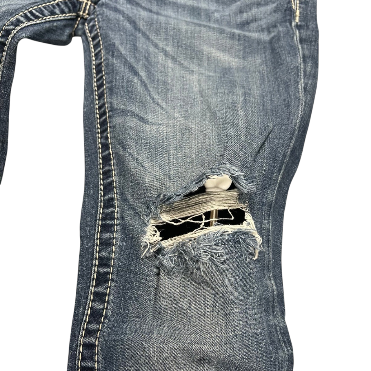 TWC Vintage Damen Miss Me Bootcut Jeans in Blau mit Distressed-Optik und auffälligen Ziernähten am Bein