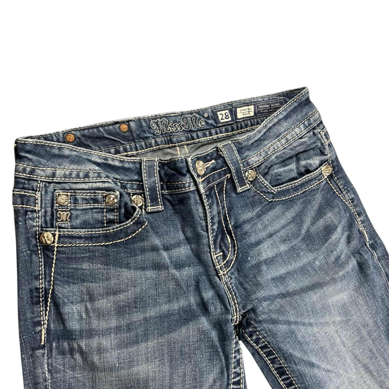 TWC Vintage Miss Me Damen Bootcut Jeans in Blau mit Ziernähten und verzierten Knöpfen