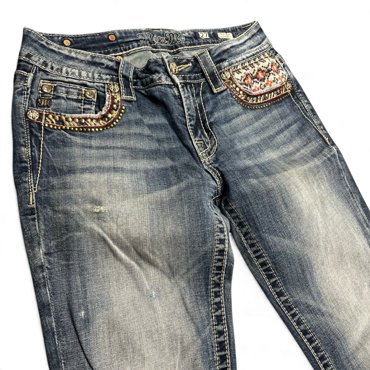 TWC Vintage Damen Miss Me Bootcut Jeans in Blau mit aufwendigen Stickereien und Nieten an den Vordertaschen