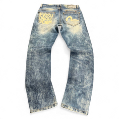 TWC Vintage Damen Evisu Slim Jeans in verwaschenem Blau mit markantem Logo-Print auf den Gesäßtaschen