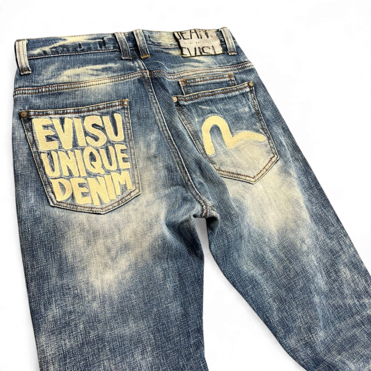 TWC Vintage Damen Evisu Slim Jeans in verwaschenem Blau mit ikonischem Logo-Print auf den Gesäßtaschen
