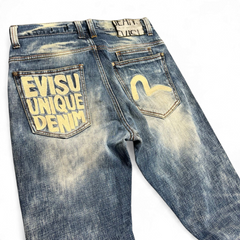 TWC Vintage Damen Evisu Slim Jeans in verwaschenem Blau mit ikonischem Logo-Print auf den Gesäßtaschen