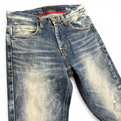 TWC Vintage Damen Evisu Slim Jeans in verwaschenem Blau mit Distressed-Details und klassischem Five-Pocket-Design