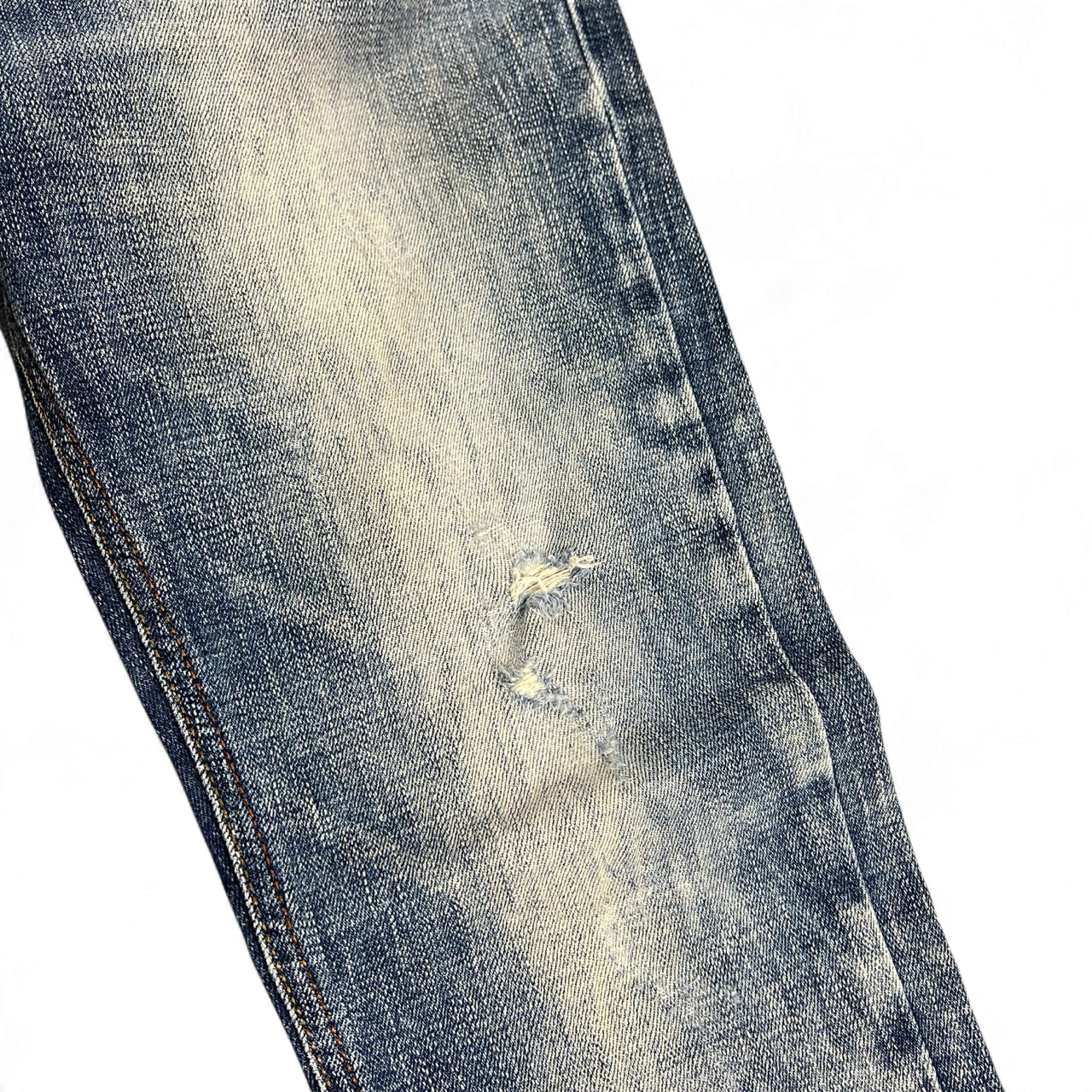 TWC Vintage Evisu Damen Jeans mit heller Waschung und Distressed-Detail am Knie