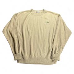 TWC Vintage beigefarbener Lacoste Pullover mit Rundhalsausschnitt und klassischem Krokodil-Logo auf der Brust
