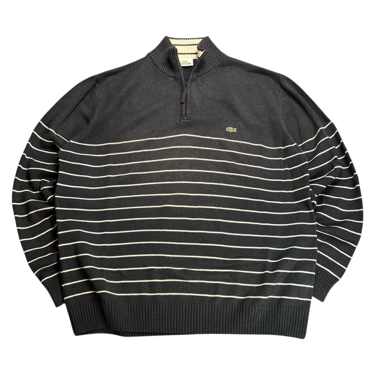 TWC Vintage Lacoste Zip-Sweater in Schwarz mit weißen Streifen und gesticktem Krokodil-Logo