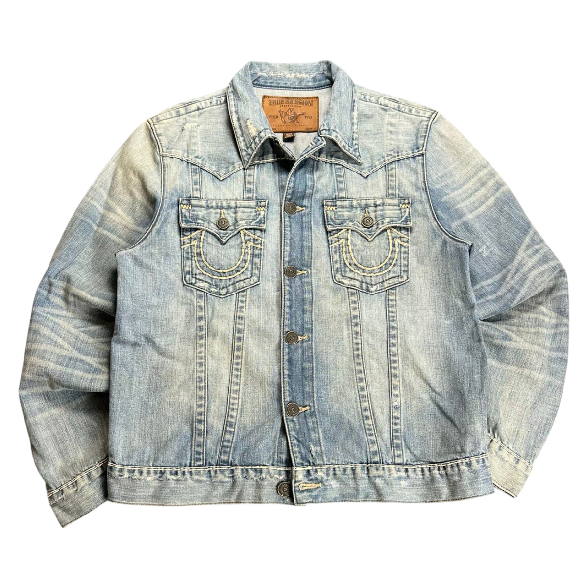 TWC Vintage True Religion x Harley Davidson Jeansjacke aus blauem Denim mit Vintage-Waschung und Knopfleiste