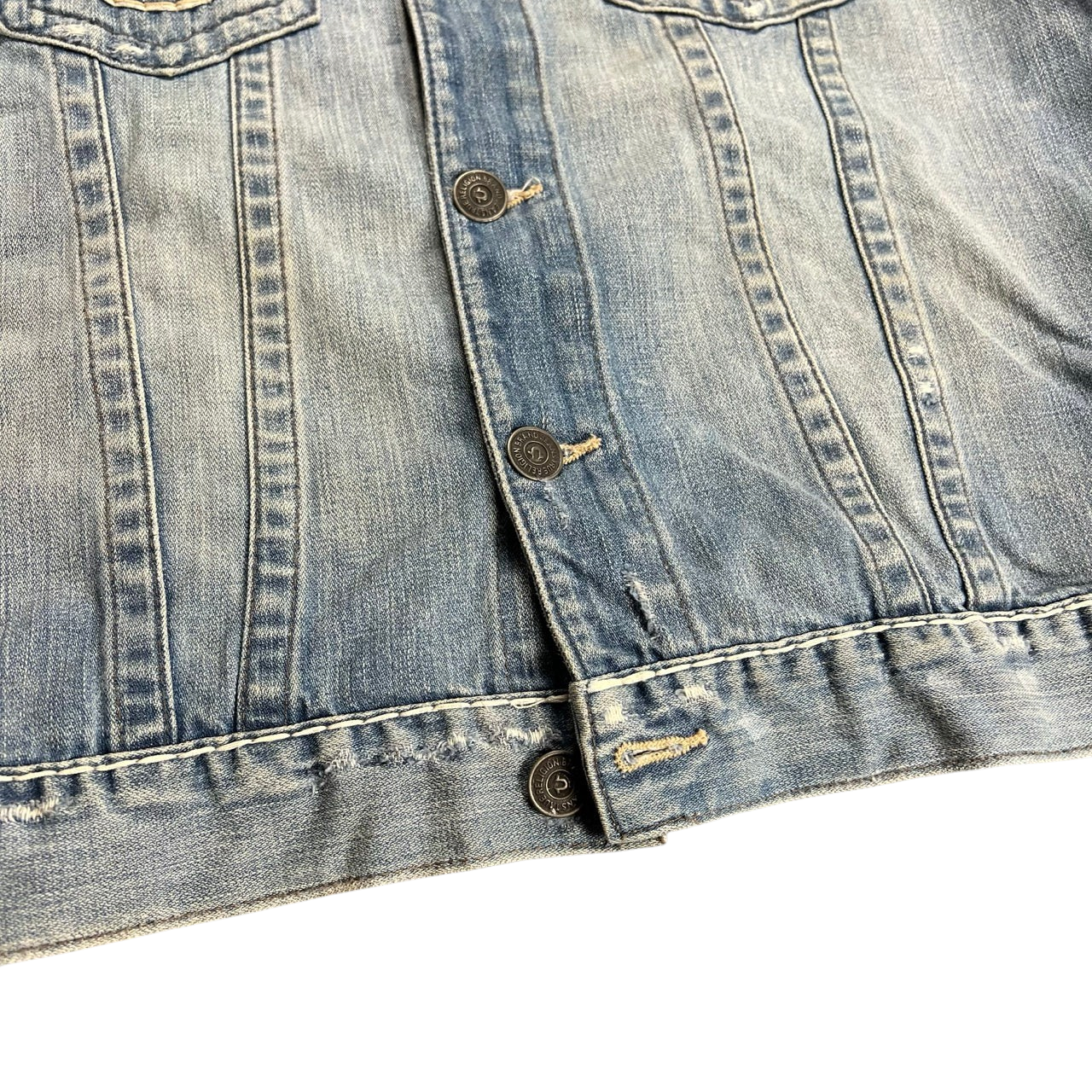 TWC Vintage True Religion x Harley Davidson Jeansjacke aus blauem Denim mit markanten Nähten und Metallknöpfen