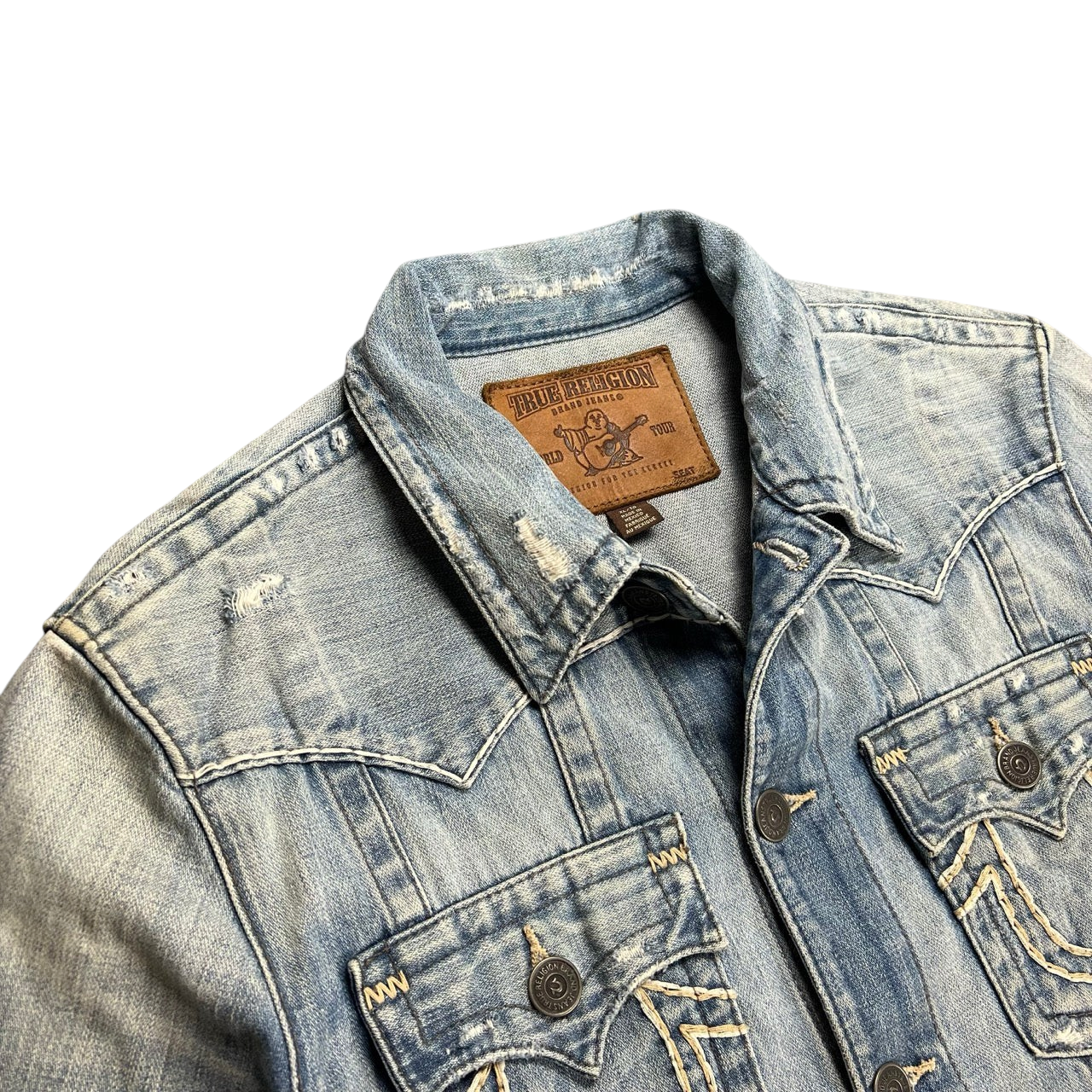 TWC Vintage True Religion x Harley Davidson Jeansjacke aus blauem Denim mit Distressed-Details und Markenlogo-Label