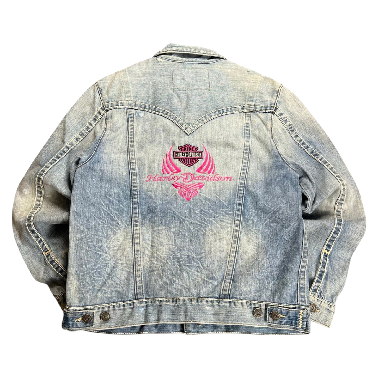 TWC Vintage True Religion Denimjacke mit pinker Harley-Davidson Stickerei auf der Rückseite im Vintage-Look