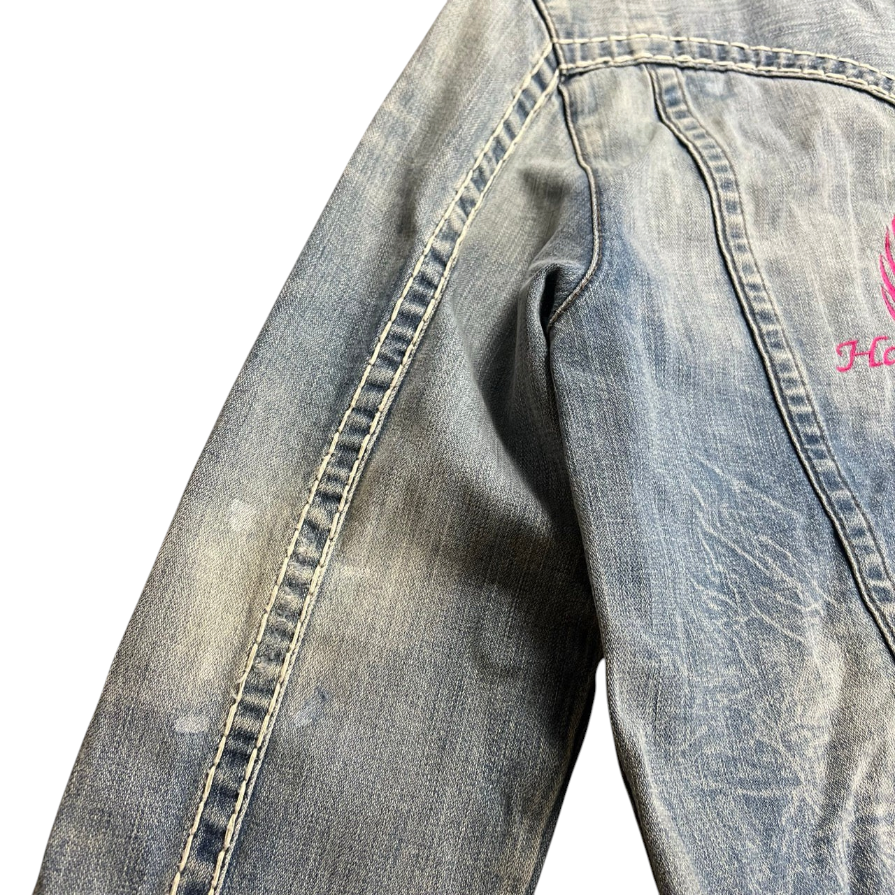 TWC Vintage True Religion x Harley Davidson Jeansjacke aus blauem Denim mit markanten Kontrastnähten und Stickerei