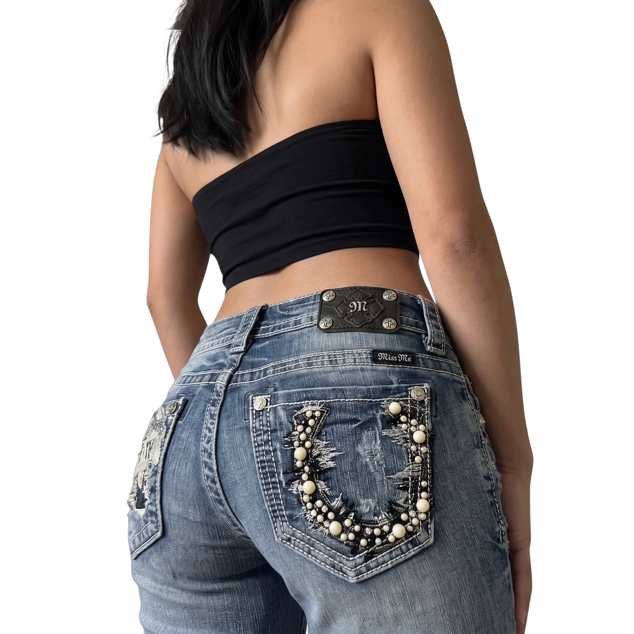 TWC Vintage Miss Me Damenjeans in Blau mit Perlenverzierungen und Distressed-Details an den Gesäßtaschen